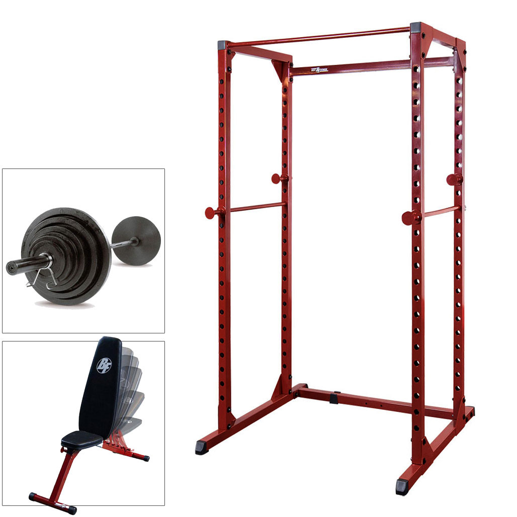 Best Fitness Power Rack with Folding Bench and 300 lb. Weight Set with Barbell