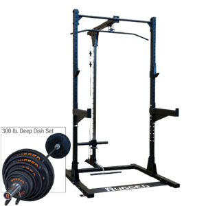 Rugged Maverick Half Rack with Lat Attachment and 300 lb. Deep Dish Olympic Weight Set