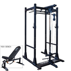 Rugged Warrior Power Rack with Lat Attachment and Flat-Incline Bench