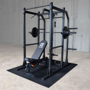 Rugged Warrior Power Rack with Rear Extension, Lat Attachment, Bench, Mats, and 300 lb. Weight Set